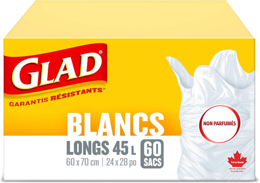 Glad White Garbage Bags - Tall 45 Litres - Unscented, 60 Trash Bags, Made in Canada of Global Components