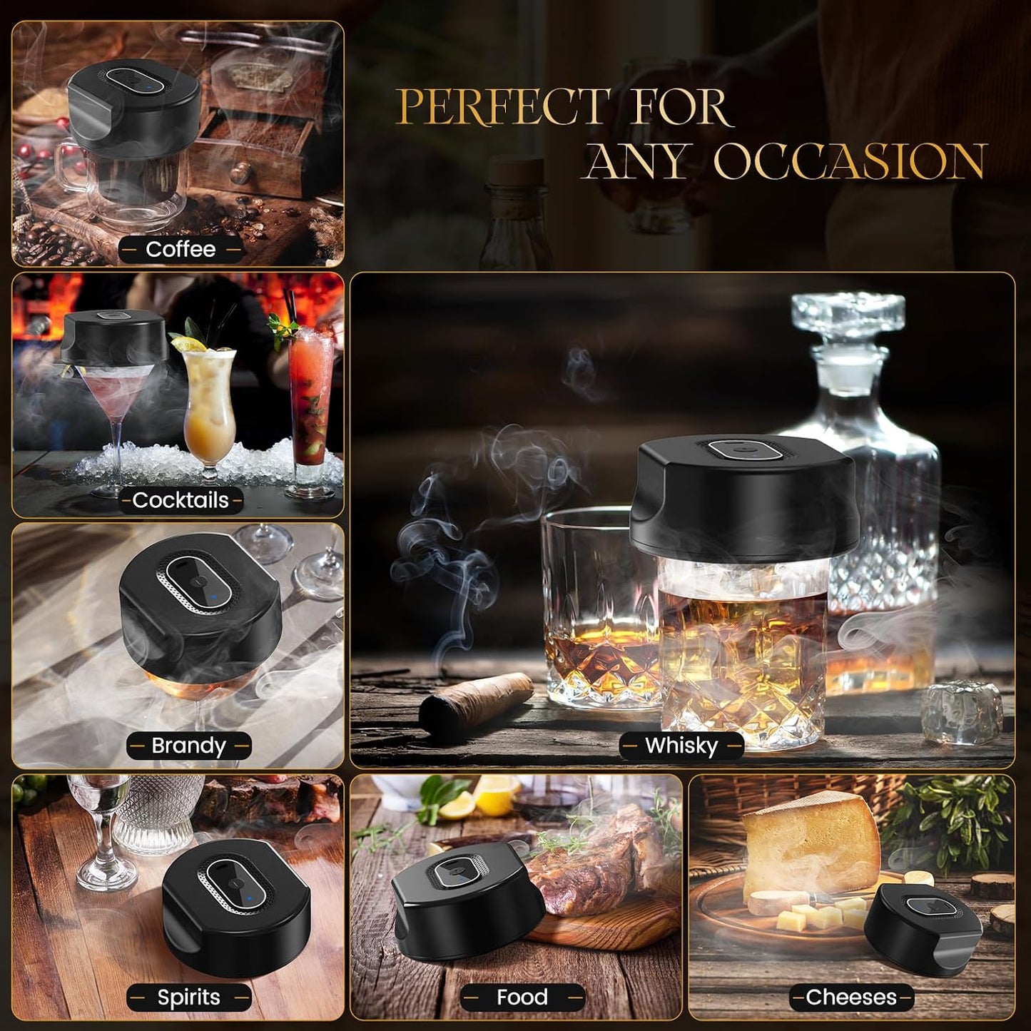 Electric Whiskey Cocktail Smoker Kit, Bourbon Drink Smoking Set with 6 Flavors Wood Chips, Built-in Lighter, Infuse Smoky Flavors in Old Fashioned Cocktails, Unique Whiskey Gifts for Men Dad Husband
