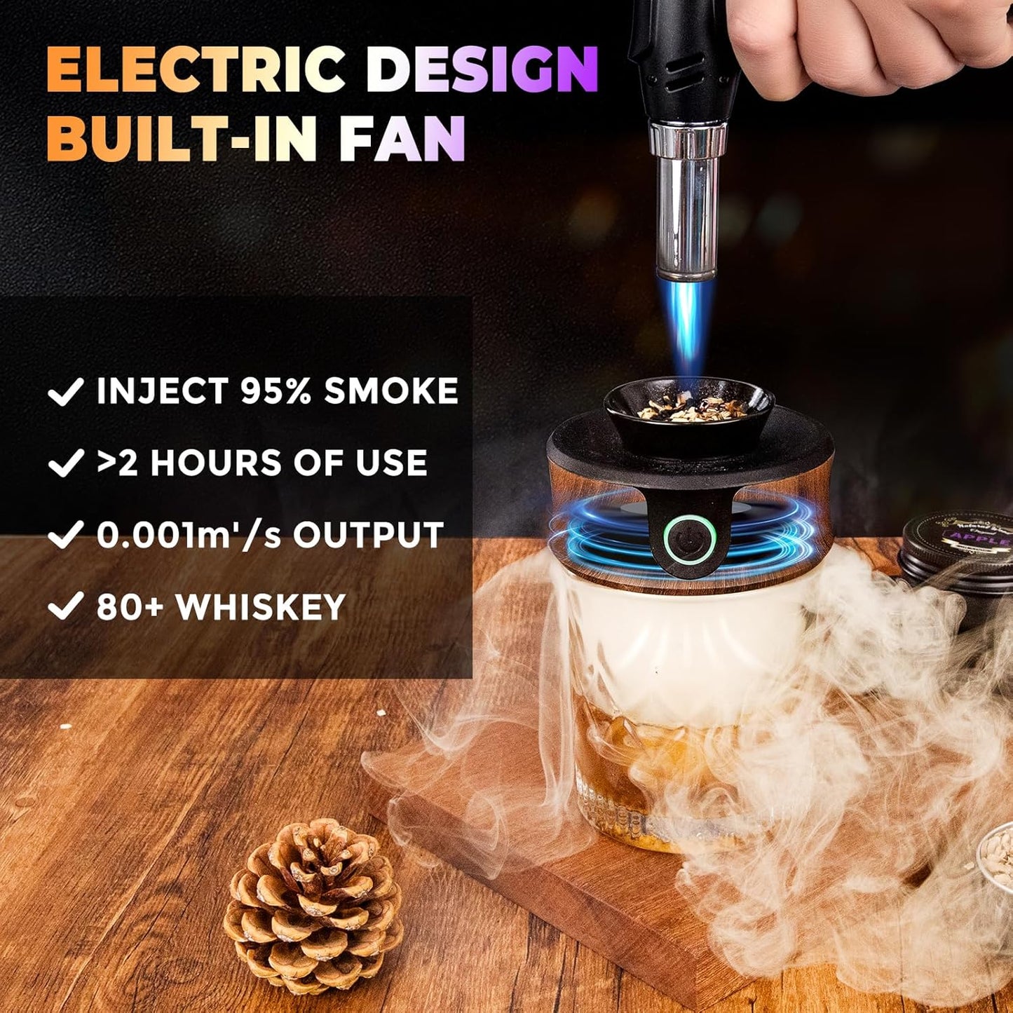 Electric Whiskey Smoker Kit with Wooden Box, Whiskey Gift for Dad Men, with Torch, 4 Wood Chips, Ice Molds, 2 Glasses, Stones, Old Fashioned Bourbon Cocktails Smoker Infuser Kit(Without Butane)