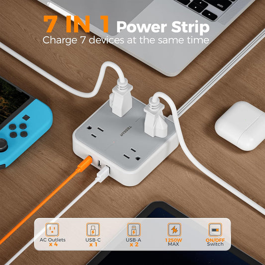 Flat Plug Extension Cord Indoor 5 Ft, Power Bars with Surge Protector, TESSAN Power Strip with 4 Multiple Outlets 3 USB Ports (1 USB C), Surge Protection for Dorm Room Home Office, Gray