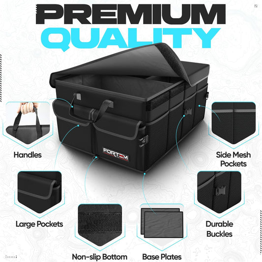 FORTEM Car Trunk Organizer, Collapsible Multi Compartment Car Organizer, Foldable SUV Storage for Car Accessories for Women Men, Non Slip Bottom, Securing Straps, Soft Cover 50L (Black, Standard)