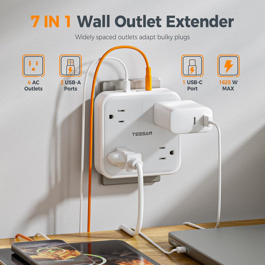 Wall Outlet Extender, TESSAN 4 Multi Plug Outlet Splitter with 1 USB C and 2 USB A Charging Ports, Multiple Plug Extension Block with Surge Protector for Home, Kitchen, Office, Dorm, Gray