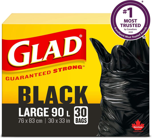 Glad Black Garbage Bags - Large 90 Litres- 30 Trash Bags, Made in Canada of Global Components