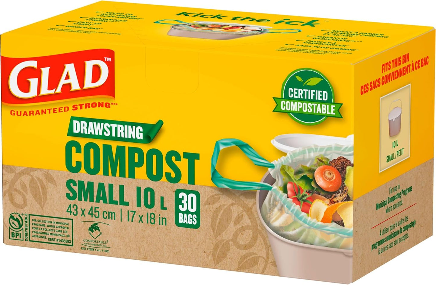 Glad 100% Compostable Drawstring Bags - Small 10 Litres - Drawstring, 30 Compost Trash Bags - Unscented