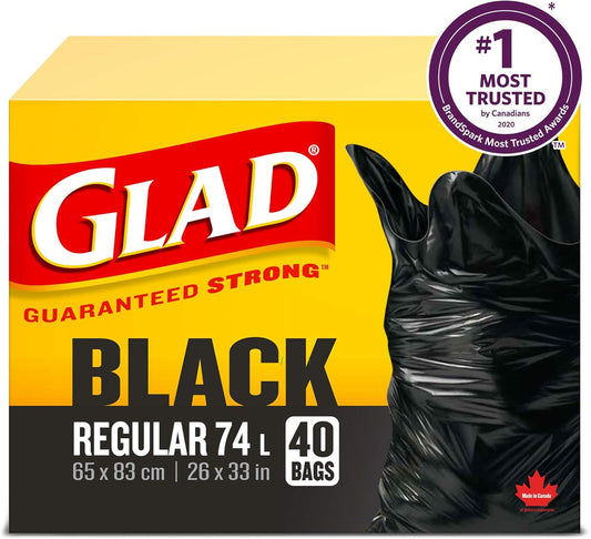 Glad Black Garbage Bags - Regular 74 Litres - 40 Trash Bags Made in Canada of Global Components