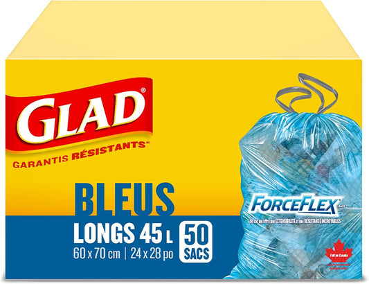 Glad Blue Recycling Bags - Tall 45 Litres - ForceFlex, Drawstring, 50 Trash Bags, Made in Canada of Global Components