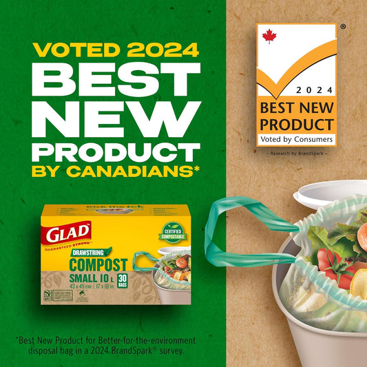 Glad 100% Compostable Drawstring Bags - Small 10 Litres - Drawstring, 30 Compost Trash Bags - Unscented