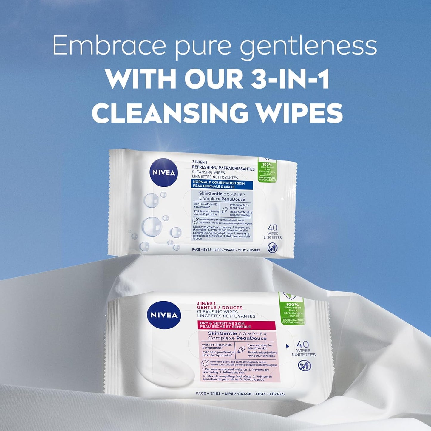 NIVEA 3-in-1 Biodegradable Face Cleansing & Make-up Removing Wipes for Normal Skin, 40 Wipes