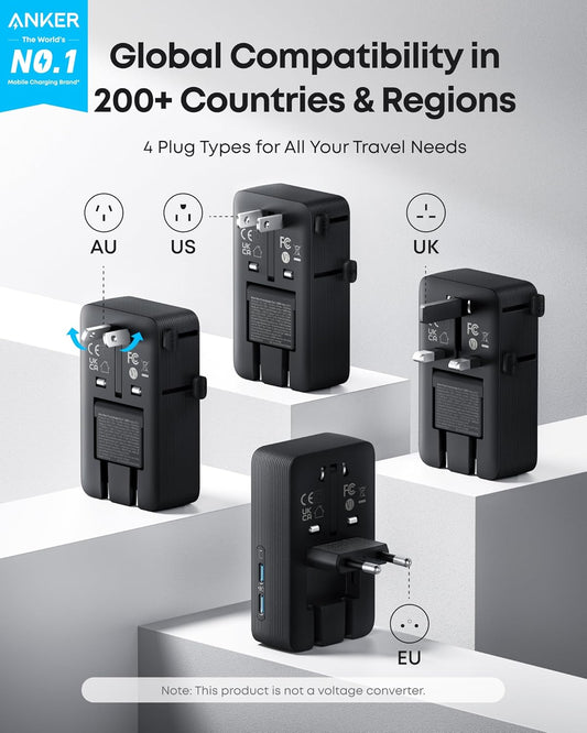 Anker Nano European Travel Plug Adapter, 5-Port Fordable Travel Adapter with 1AC 2USB-A 2USB-C Ports,Temperature Control, Essentials for Over 200 Countries, Ideal for Travel (1-Pack) (Black)