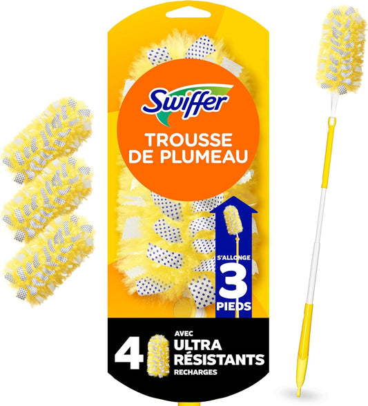 Swiffer Duster Kit with 3ft Extendable Handle, Heavy Duty Dusting Starter Kit with 4 Refills, for Ceiling Fans, Vents and Hard to Reach Places