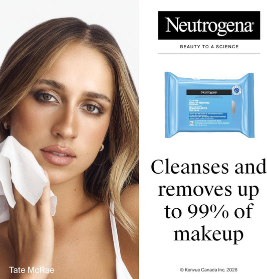 Neutrogena All-in-One Makeup Removing Cleansing Wipes - Gentle Cleansing Towelettes Remove Make-up & Waterproof Mascara - Plant-Based, Alcohol-Free Formula for Sensitive Eye Area - Value Twin Pack, 50 Count