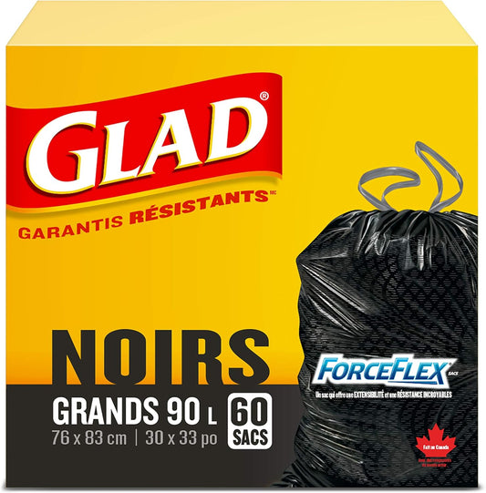 Glad Black Garbage Bags - Large 90 Litres - ForceFlex Drawstring, 60 Trash Bags, Made in Canada of Global Components