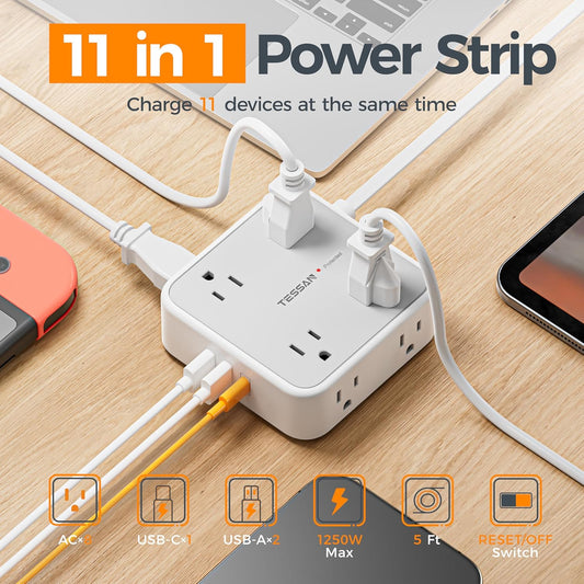 Flat Plug Power Bar, TESSAN 5 Ft Extension Cord Indoor with 8 Multi Outlets and 3 USB (1 USB C), Surge Protector Power Strip, Wall Mount Charging Station for Home Office Dorm, Gray