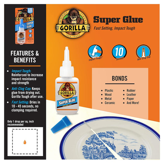 Gorilla Super Glue Liquid, Fast-Setting, Versatile Cyanoacrylate Glue, Anti-Clog Cap, Flow Control Formula, Clear, 0.53oz/15g, (Pack of 1) 112381