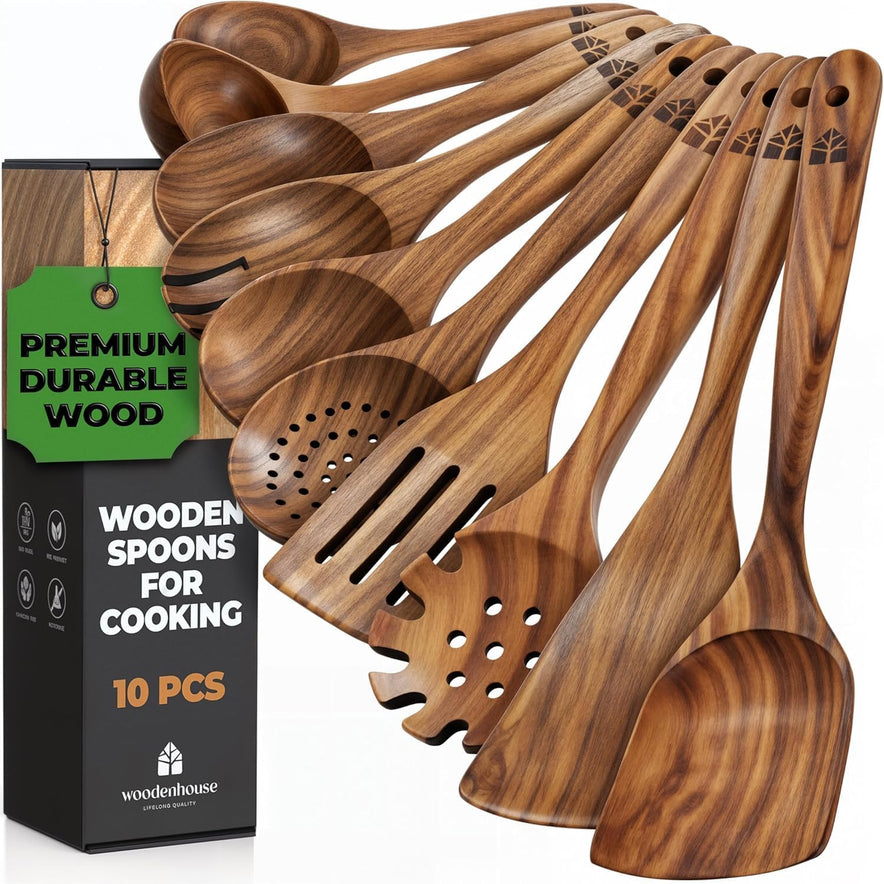 10 Pcs Cooking Utensils Set for Nonstick Pans & Cookware – Study Teak Wood