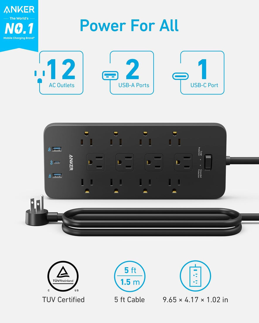 12 Outlets with 2 USB A and 1 USB C Port for Multiple Devices