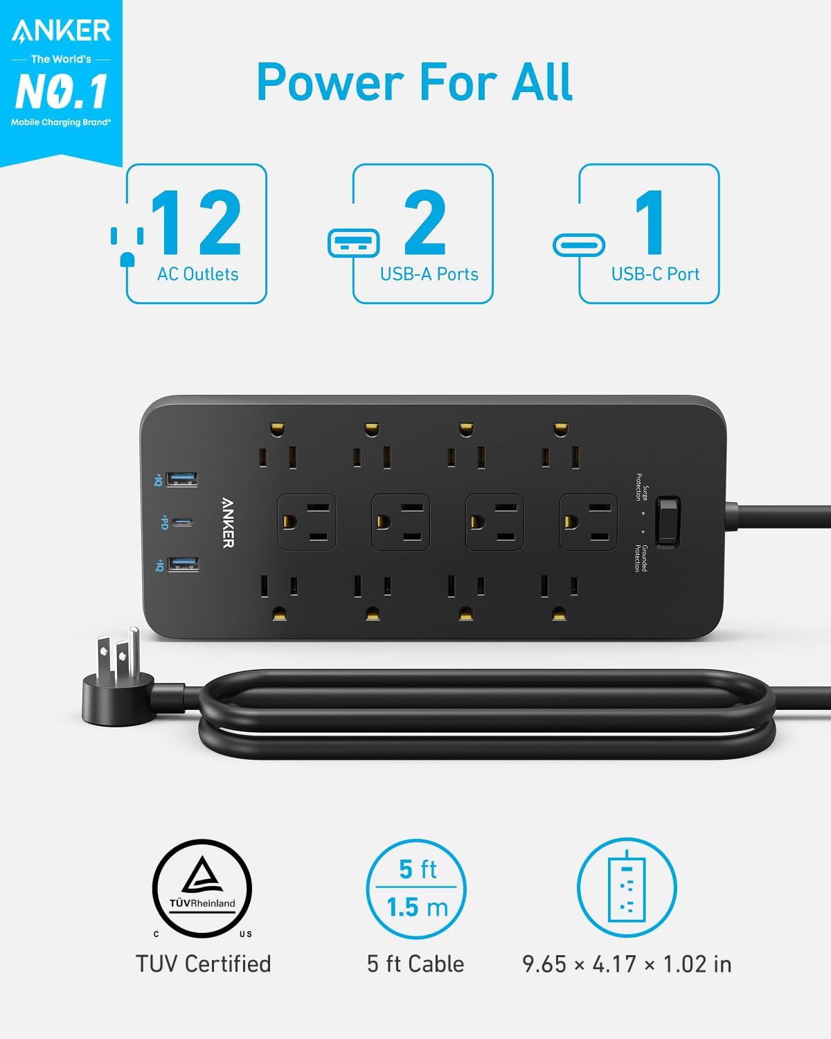 12 Outlets with 2 USB A and 1 USB C Port for Multiple Devicesc