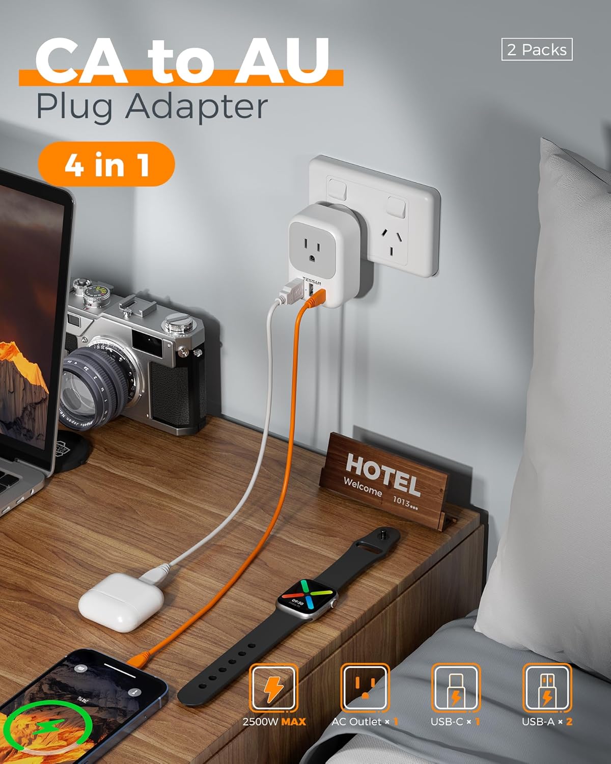 2 Pack Australia Travel Plug Adapter, TESSAN Canada to Australia Plug