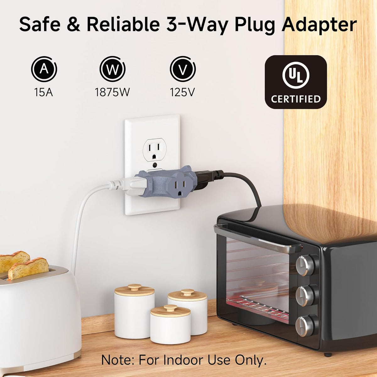 3-Pack 3 Way Plug Adapter 15A 1875W in Combo Colors (3 Prong 3 Outlet Adapter