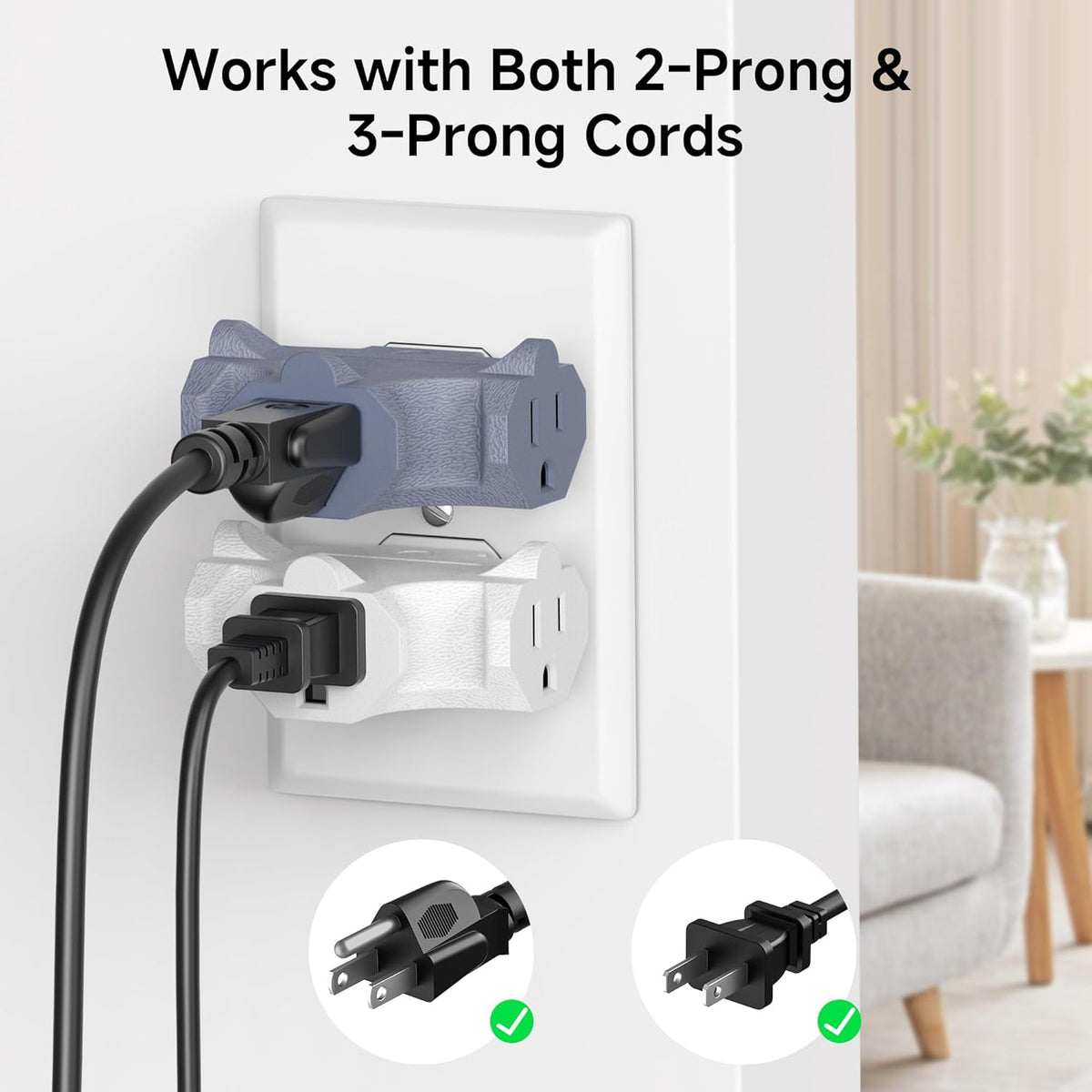 3-Pack 3 Way Plug Adapter 15A 1875W in Combo Colors (3 Prong 3 Outlet Adapter