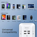 USB Wall Charger, Power Strip with 5 Outlet Extender 4 USB Charging Ports (1 USB C, 4.5A Total) 3-Sided 1800J Surge Protector Power Bar Multi Plug Outlets Wall Adapter Spaced for Home Travel Office