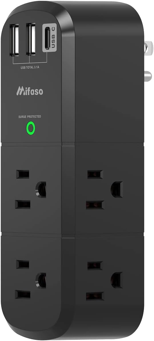 USB Outlet Extender Surge Protector - with Rotating Plug, 6 AC Multi Plug Outlet and 3 USB Ports (1 USB C), 3-Sided Swivel Power Strip with Spaced Outlet Splitter for Home, Office, Travel (Black)