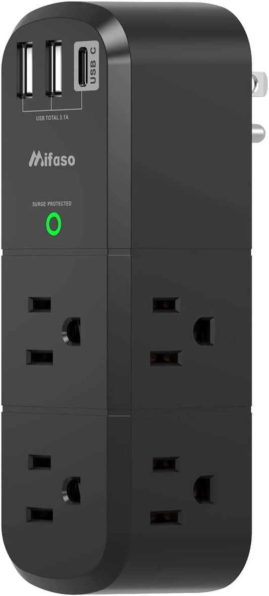 USB Outlet Extender Surge Protector - with Rotating Plug, 6 AC Multi Plug Outlet and 3 USB Ports (1 USB C), 3-Sided Swivel Power Strip with Spaced Outlet Splitter for Home, Office, Travel (Black)