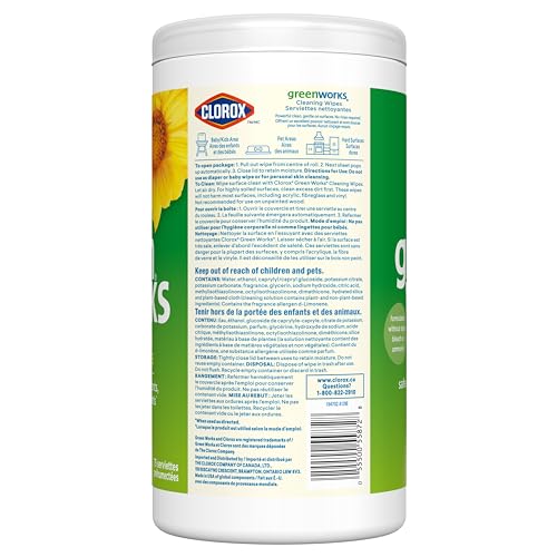 Clorox Green Works Cleaning Wipes, Simply Lemon, 75 Count, Multi-Pack of 2 Canisters, Safe for use around kids, pets, and food*