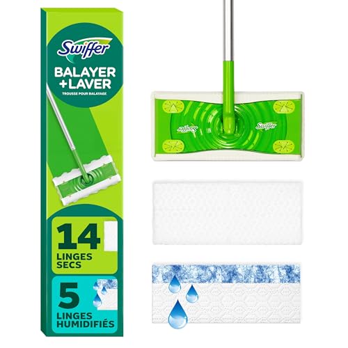 Swiffer Sweep + Mop, Broom & Mop Alternative, Dry & Wet Floor Cleaner for Dirt, Dust, Hair, All Purpose Cleaning Tool for Home, Bathroom, Kitchen, Set Includes 1 Sweeper, 14 Dry Pads, 5 Wet Pads Fresh