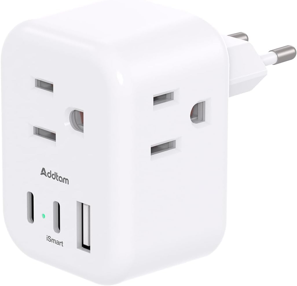 European Travel Plug Adapter, International Power Plug Adapter with 3 Outlets 3 USB Charging Ports(1 USB C), Travel Essentials to Italy,Greece,Israel,France, Spain (Type C)