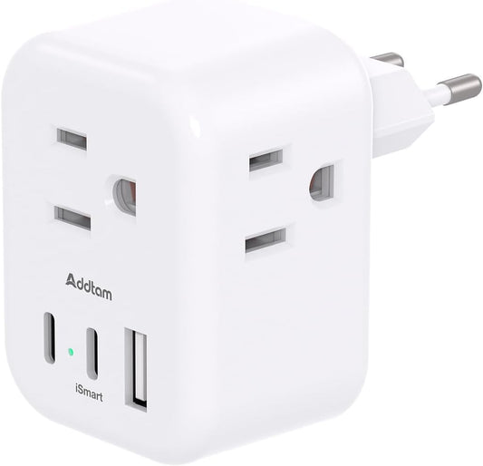 European Travel Plug Adapter, International Power Plug Adapter with 3 Outlets 3 USB Charging Ports(1 USB C), Travel Essentials to Italy,Greece,Israel,France, Spain (Type C)