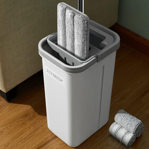 JOYMOOP Hands Free Flat Floor Mop and Bucket with Wringer Set, 3 Washable Microfiber Mops, Wet and Dry Use, Floor Cleaning System
