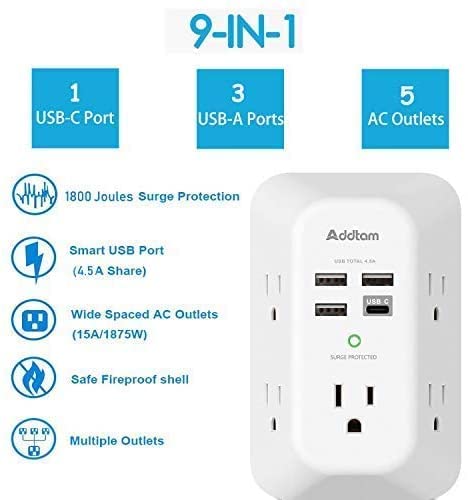 USB Wall Charger, Power Strip with 5 Outlet Extender 4 USB Charging Ports (1 USB C, 4.5A Total) 3-Sided 1800J Surge Protector Power Bar Multi Plug Outlets Wall Adapter Spaced for Home Travel Office