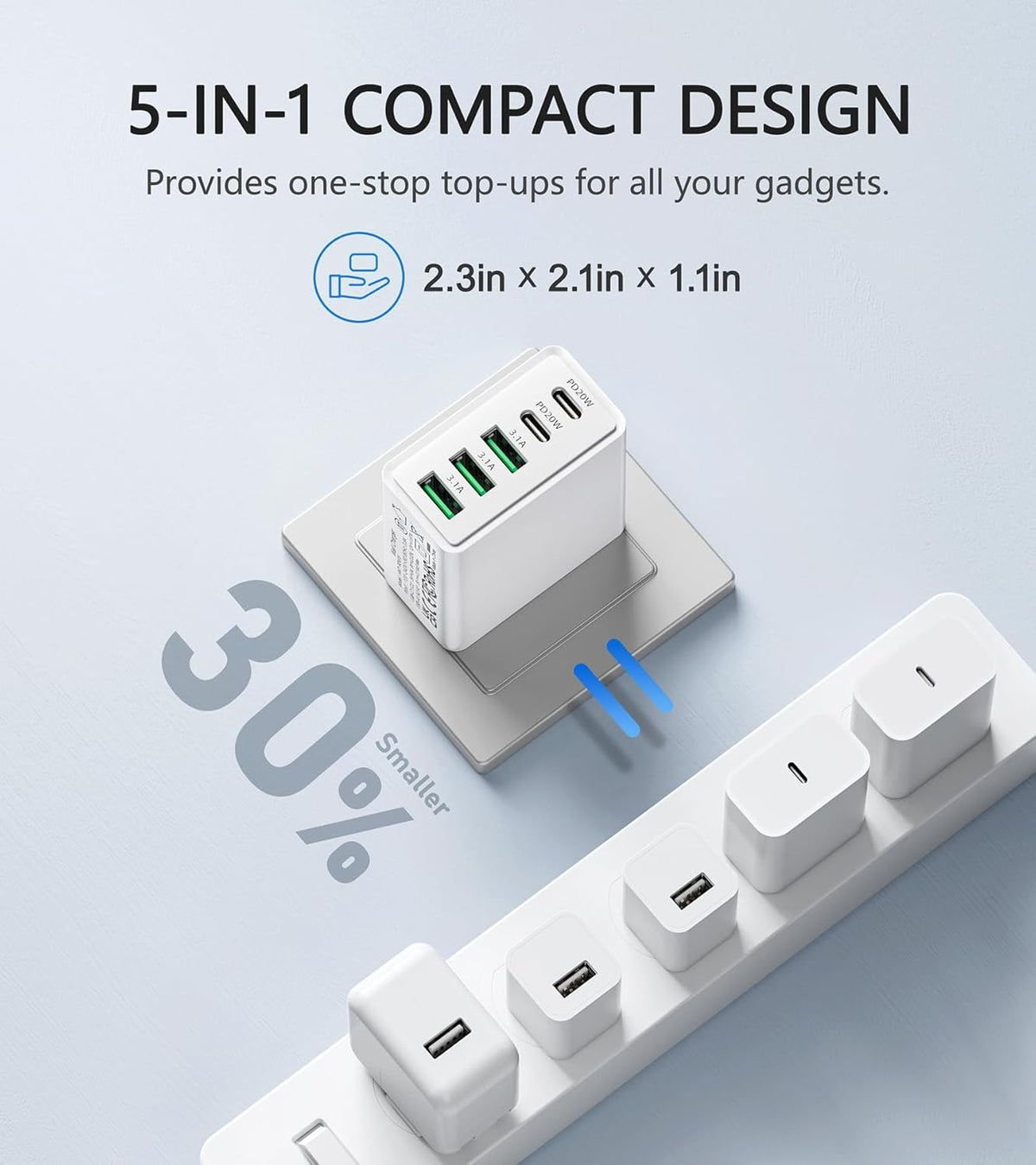 5-Port PD Fast USB C Charging Block,2USB C+3USB A Multiport Plug