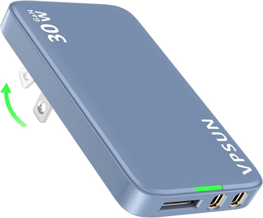 USB C Wall Charger Block 30W,3 Port Ultra Thin Flat USB-C Charging Plug,Foldable USB Power Adapter for iPad,iPhone 15/16,Samsung (Blue, 30W)