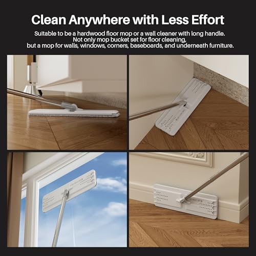 JOYMOOP Hands Free Flat Floor Mop and Bucket with Wringer Set, 3 Washable Microfiber Mops, Wet and Dry Use, Floor Cleaning System