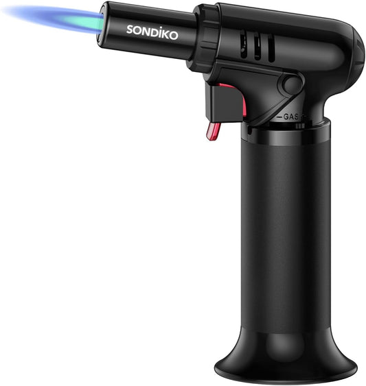 Sondiko Blow Torch with Fuel Gauge, Refillable Butane Torch Lighter with Safety Lock and Adjustable Flame, One-Handed Operation, Fit All Butane Tanks Kitchen Torch