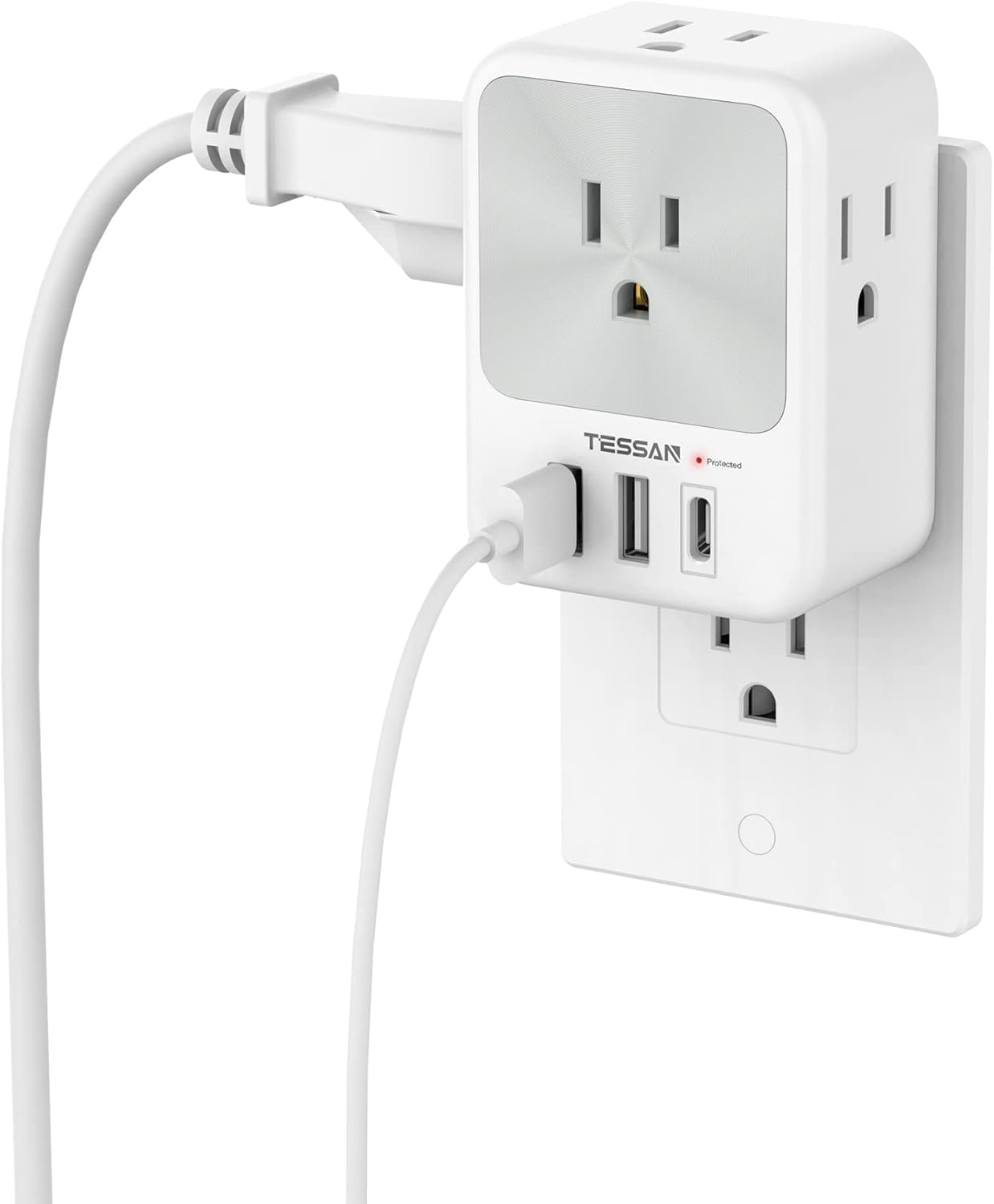 Multi Plug Outlet Extender, TESSAN Multiple Plug Extension Block with 4 AC Splitter, 2 USB A Ports and 1 USB C Port, Surge Protector Wall Outlet Expander for Home Office Dorm Room Essentials, Gray