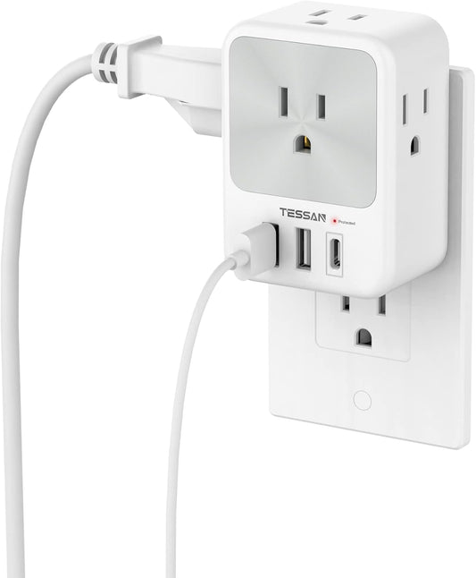Multi Plug Outlet Extender, TESSAN Multiple Plug Extension Block with 4 AC Splitter, 2 USB A Ports and 1 USB C Port, Surge Protector Wall Outlet Expander for Home Office Dorm Room Essentials, Gray