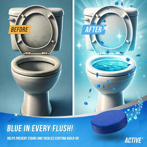 Automatic Toilet Bowl Cleaner Tablets - ACTIVE Blue Gel Toilet Tank Cleaners, Septic-Safe Hard Water Ring Stain Remover, Smell Eliminator Heavy Duty Toilet Cleaning & Deodorizer, Fresh Scent - 12 Tabs