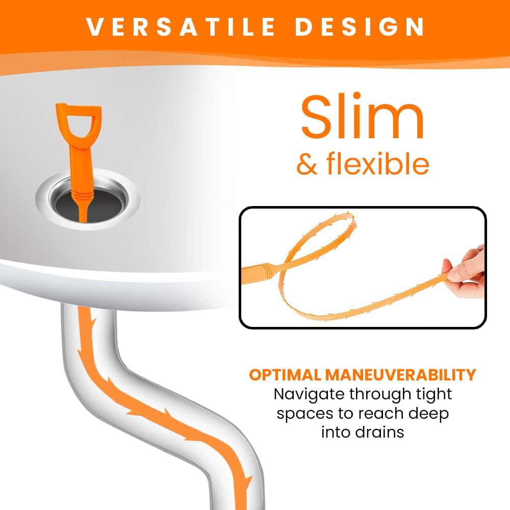 Drain Snake Hair Clog Remover 4 Pack – Drain Cleaner Tool for Sink, Shower, Bathtub, Tub (Orange)