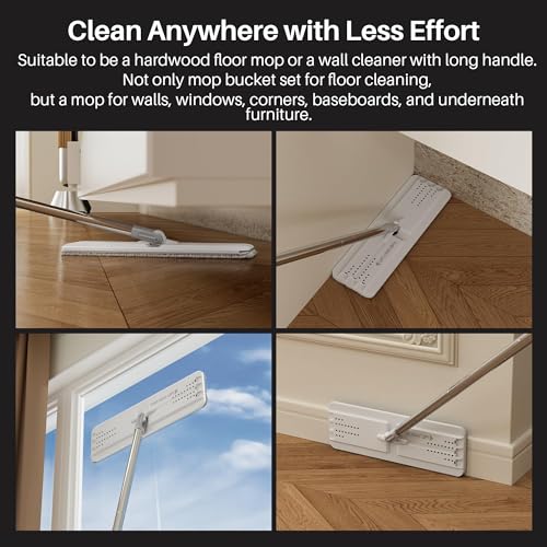 JOYMOOP Mop and Bucket with Wringer Set, Model #2124, White, Polypropylene, Flat, for Floor Cleaning with 3 Microfiber Pads, Wet and Dry Use, Household Cleaning Tools, for Hardwood, Laminate, Tile