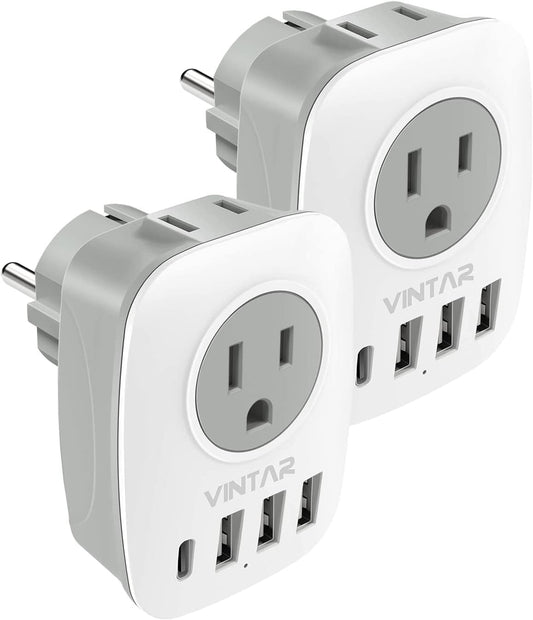 2 Pack Type E/F Travel Adapter, VINTAR Schuko Germany France Adapter Plug, European Outlet Adapter with 1 USB C,3 USB Ports and US Outlets, US to EU Spain Portugal Iceland Greece Russia Korea Paris