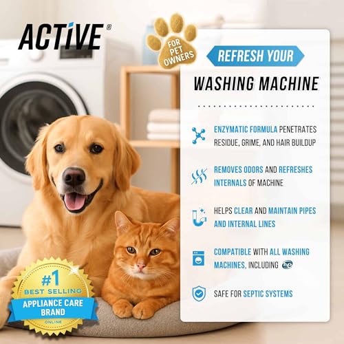 Washing Machine Cleaner for Pet Owners - ACTIVE Enzymatic Deep Clean Descaler for Cat & Dog Hair, Urine, Odor, Residue, 24 Septic-Safe Tablets for Top Load, Front Loader, HE Washer Tub - 1 Year Supply