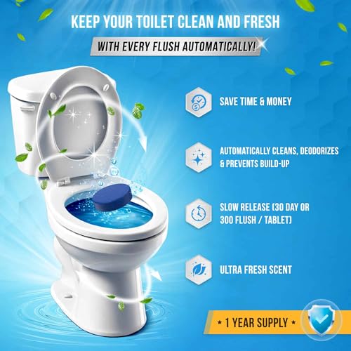 Automatic Toilet Bowl Cleaner Tablets - ACTIVE Blue Gel Toilet Tank Cleaners, Septic-Safe Hard Water Ring Stain Remover, Smell Eliminator Heavy Duty Toilet Cleaning & Deodorizer, Fresh Scent - 12 Tabs