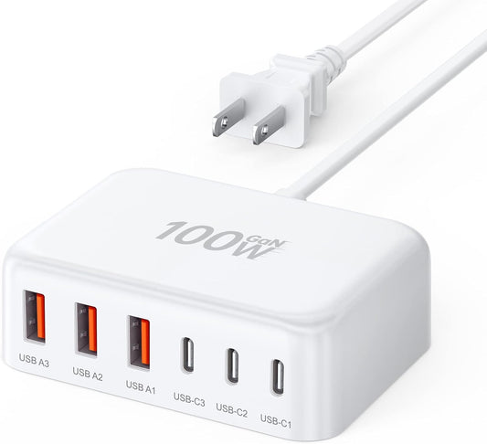 USB C Charger Block, 100W 6 Port PD USB C Charging Station and QC USB A Wall Charger Block Cube, Type C Charging Hub for iPhone 17 16 15 14 13 12 Pro Max iPad Galaxy S25 Pixel, 5ft Extension Cord