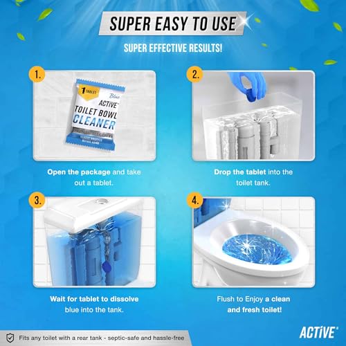 Automatic Toilet Bowl Cleaner Tablets - ACTIVE Blue Gel Toilet Tank Cleaners, Septic-Safe Hard Water Ring Stain Remover, Smell Eliminator Heavy Duty Toilet Cleaning & Deodorizer, Fresh Scent - 12 Tabs