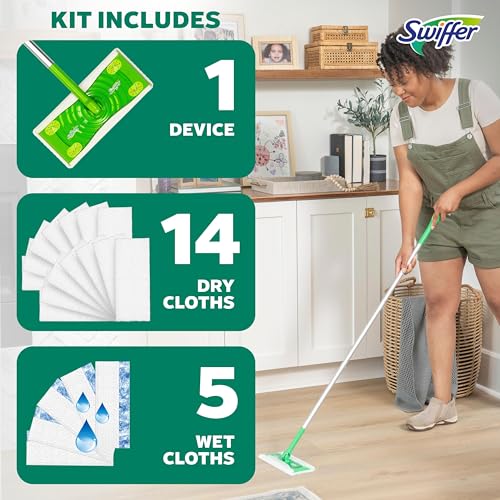 Swiffer Sweep + Mop, Broom & Mop Alternative, Dry & Wet Floor Cleaner for Dirt, Dust, Hair, All Purpose Cleaning Tool for Home, Bathroom, Kitchen, Set Includes 1 Sweeper, 14 Dry Pads, 5 Wet Pads Fresh
