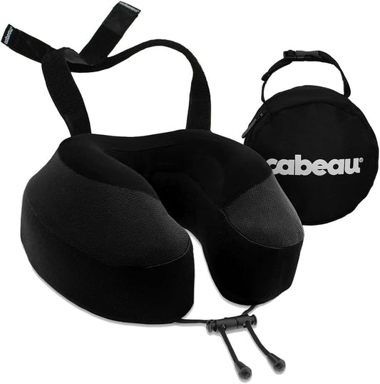 Cabeau Evolution S3 Travel Neck Pillow Memory Foam Neck Support, Adjustable Clasp, and Seat Strap Attachment - Comfort On-The-Go with Carrying Case for Airplane, Train, and Car (Jet Black)
