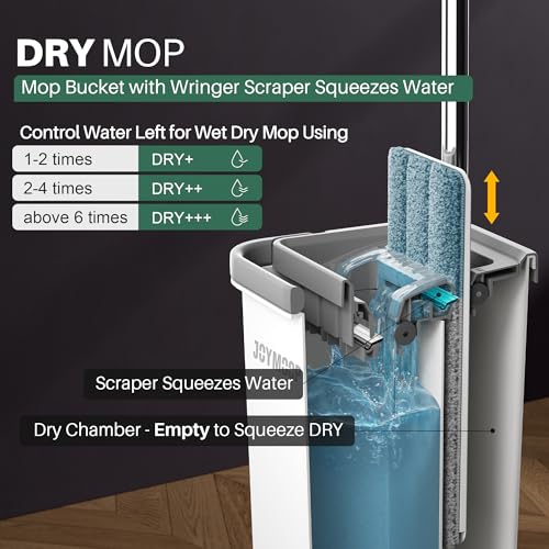 JOYMOOP Hands Free Flat Floor Mop and Bucket with Wringer Set, 3 Washable Microfiber Mops, Wet and Dry Use, Floor Cleaning System